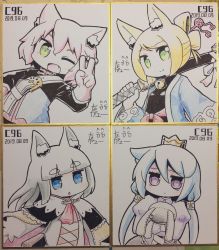 Rule 34 | 4girls, 7th dragon, 7th dragon (series), ;d, animal ear fluff, animal ears, bell, belt, belt buckle, black bodysuit, black capelet, blonde hair, blue hair, blue jacket, blunt bangs, bodysuit, breasts, buckle, capelet, cat ears, closed mouth, commentary request, crown, dated, fang, fighter (7th dragon), fox ears, gloves, green eyes, grey hair, hair between eyes, hair bobbles, hair ornament, harukara (7th dragon), highres, holding, holding sword, holding weapon, hugging object, ikurakun (7th dragon), jacket, jingle bell, juliet sleeves, katana, long hair, long sleeves, low twintails, mage (7th dragon), mini crown, momomeno (7th dragon), multiple girls, naga u, namuna (7th dragon), one eye closed, one side up, open clothes, open mouth, parted lips, photo (medium), pink hair, princess (7th dragon), puffy long sleeves, puffy sleeves, purple eyes, purple shirt, red gloves, samurai (7th dragon), samurai (7th dragon), sheath, sheathed, shirt, short eyebrows, signature, small breasts, smile, stuffed animal, stuffed rabbit, stuffed toy, sword, thick eyebrows, traditional media, twintails, v, very long hair, weapon, white belt, white shirt, wide sleeves