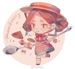 Rule 34 | 1girl, aqua bow, aqua skirt, belt, bow, bowtie, brown eyes, brown hair, cake, cake slice, chibi, chinese commentary, circle, commentary request, confetti, cookie, double bun, doughnut, dress, eyelashes, floral print, flower, food, food print, hair bow, hair bun, hat, hat ribbon, holding, holding spoon, kneehighs, lace, lace-trimmed dress, lace trim, leg belt, leg up, light blush, looking ahead, loose hair strand, miniskirt, open mouth, original, oversized object, pink belt, pink dress, puffy short sleeves, puffy sleeves, red bow, red bowtie, red footwear, red ribbon, ribbon, shoes, short dress, short hair, short sleeves, skirt, smile, socks, solo, spoon, strawberry print, striped clothes, striped socks, teeth, vertical-striped clothes, vertical-striped socks, waffle, weibo logo, weibo username, white background, white flower, white socks, yanmian (printemps-noir), yellow hat
