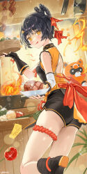 Rule 34 | 1girl, :q, back cutout, black footwear, black gloves, black hair, black shorts, boned meat, cheese, chinese clothes, clothing cutout, commentary request, fingerless gloves, fire, food, foot out of frame, from side, frying pan, genshin impact, gloves, guoba (genshin impact), hair ornament, hair rings, hairclip, haruri, highres, holding, holding plate, looking at viewer, meat, mushroom, onion, orange eyes, orange shirt, plate, shirt, short hair, shorts, sleeveless, sleeveless shirt, tassel, tomato, tongue, tongue out, xiangling (genshin impact)