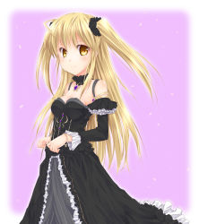 Rule 34 | 1girl, blonde hair, bracelet, breasts, collarbone, detached collar, dress, female focus, fujimoto akio, gothic lolita, gradient background, jewelry, lolita fashion, long hair, looking at viewer, looking to the side, necklace, original, smile, solo, twintails, two side up, white background, yellow eyes
