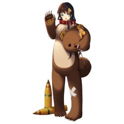 Rule 34 | 1girl, ammunition, animal costume, bear costume, blue eyes, collar, full body, hair ornament, looking at viewer, milihime taisen, official art, open mouth, shell (projectile), smile, solo, transparent background, waving, wojtek