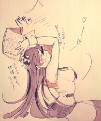 Rule 34 | 1girl, blusb, blush, closed eyes, ekubo (ciaobero), filia (skullgirls), from side, japanese text, long hair, magazine (object), necktie, open mouth, pleated skirt, samson (skullgirls), sitting, skirt, skullgirls, smile, solo, thighhighs, traditional media