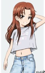 Rule 34 | 10s, 1girl, alternate hairstyle, arm behind head, artist name, blue pants, brown eyes, brown hair, bukkuri, casual, character name, clothes writing, commentary, cowboy shot, dated, denim, girls und panzer, grey background, grey shirt, hair down, heart, highres, jeans, kadotani anzu, long hair, looking at viewer, midriff, one-hour drawing challenge, pants, parted bangs, parted lips, print shirt, shirt, short sleeves, signature, simple background, smile, solo, standing, t-shirt