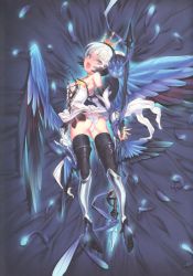 Rule 34 | 1girl, absurdres, armor, armored dress, ass, bare shoulders, blue eyes, breasts, choco (chocolate shop), choker, crown, detached sleeves, dress, feathered wings, feathers, from behind, greaves, gwendolyn (odin sphere), hair ornament, head wings, highres, leg wings, looking back, low wings, odin sphere, open mouth, panties, polearm, scan, short hair, side-tie panties, solo, spear, strapless, strapless dress, thighhighs, underwear, weapon, white dress, white hair, white panties, wings