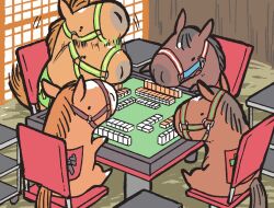 Rule 34 | afterimage, animal focus, bridle, chair, chibi, commentary, gambling, horse, mahjong, mahjong tile, meiner kitz (racehorse), minimized, motion lines, nakayama festa (racehorse), no humans, nodding, oken bruce lee (racehorse), real life, sitting, stable, suzuka phoenix (racehorse), takatsuki nato