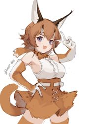 Rule 34 | 1girl, bare shoulders, blue eyes, blush, bow, bowtie, brown bow, brown bowtie, brown gloves, brown hair, brown skirt, brown thighhighs, caracal (kemono friends), caracal ears, cat girl, cat tail, commentary, gloves, hand on own hip, high-waist skirt, highres, jknor719, kemono friends, looking at viewer, multicolored hair, shirt, short hair, skirt, solo, tail, thighhighs, v, white hair, white shirt, zettai ryouiki