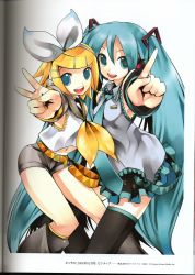 Rule 34 | absurdres, blonde hair, blue eyes, detached sleeves, green eyes, green hair, hatsune miku, headphones, highres, huge filesize, index finger raised, kagamine rin, long hair, pointing, scan, short hair, shorts, skirt, thighhighs, twintails, v, very long hair, vocaloid