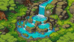 Rule 34 | artist name, branch, commentary, day, english commentary, flower, forest, graffiti, grass, highres, lily pad, nature, no humans, nop (nop pixels), original, outdoors, pixel art, plant, pond, rock, scenery, tree, water, waterfall, white flower, yellow flower