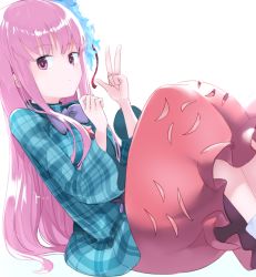 Rule 34 | 1girl, bare legs, blue shirt, breasts, buttons, expressionless, hata no kokoro, knees up, long hair, looking at viewer, mask, mask on head, medium breasts, pink eyes, pink hair, plaid, plaid shirt, red skirt, shirt, simple background, sitting, skirt, solo, touhou, usuaji, very long hair, w, white background, wide sleeves