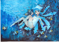 Rule 34 | 1girl, :d, barefoot, bubble, fish, ikamusume, mosho, one-piece swimsuit, open mouth, shinryaku! ikamusume, signature, smile, solo, swimsuit, tentacle hair, traditional media, underwater, white one-piece swimsuit