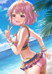 Rule 34 | 1girl, :d, ass, banned artist, bare shoulders, bikini, blue sky, blush, cloud, commentary request, day, frilled bikini, frills, from side, hair ornament, hairclip, hand up, highres, horizon, looking at viewer, looking to the side, ocean, ootori emu, open mouth, outdoors, palm tree, pink bikini, pink eyes, pink hair, project sekai, short hair, sky, smile, solo, swimsuit, tree, v, water, yuuka nonoko