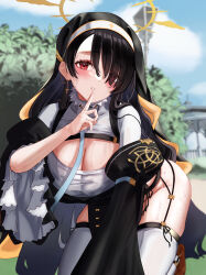 Rule 34 | 1girl, absurdres, black hair, blue archive, blue sky, breasts, cleavage, earrings, garter belt, garter straps, halo, highres, hinata (blue archive), index finger raised, jewelry, komakomapanic, large breasts, leaf, long hair, looking at viewer, medium breasts, nun, red eyes, sky, solo, sweat, thighhighs, thighs, veil, wet, wet clothes, white thighhighs