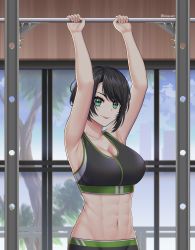 Rule 34 | 1girl, :p, abs, absurdres, armpits, arms up, black hair, black shorts, black sports bra, blue sky, breasts, cleavage, closed mouth, cloud, cloudy sky, green eyes, highres, hololive, indoors, large breasts, long hair, muscular, muscular female, oozora subaru, short hair, shorts, sky, smile, solo, sports bra, tongue, tongue out, tree, virtual youtuber, window, xyma2524