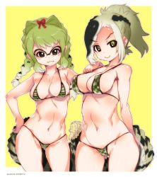 Rule 34 | &gt;:), 10s, 3girls, alternate costume, bare shoulders, bikini, bow, braid, breasts, cleavage, closed mouth, collarbone, covered erect nipples, crocodilian girl, crocodilian tail, giant penguin (kemono friends), glasses, gluteal fold, green background, green bikini, green eyes, green hair, hair bow, hand on own hip, highres, kemono friends, large breasts, lips, looking at viewer, micro bikini, mudou eichi, multicolored hair, multiple girls, navel, over-rim eyewear, ponytail, print bikini, red bow, saltwater crocodile (kemono friends), semi-rimless eyewear, simple background, skindentation, slit pupils, smile, spectacled caiman (kemono friends), standing, stomach, striped bikini, striped clothes, swimsuit, tail, twin braids, v-shaped eyebrows