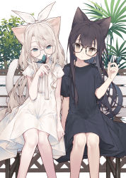 Rule 34 | :o, animal, animal ears, animal on hand, black dress, black hair, blue eyes, brown eyes, bug, butterfly, cat ears, cat girl, cat tail, collared dress, commentary request, covered mouth, dress, feet out of frame, glasses, hair between eyes, head tilt, highres, insect, light brown hair, long hair, on bench, original, parted lips, plant, round eyewear, short sleeves, simple background, sitting, tail, tokuno yuika, very long hair, white-framed eyewear, white background, white dress