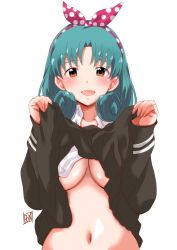 Rule 34 | 1girl, :d, aqua hair, black shirt, blush, breasts, brown eyes, cleavage, clothes lift, collared shirt, curly hair, hair ribbon, hairband, hands up, highres, idolmaster, idolmaster million live!, large breasts, lifting own clothes, long sleeves, looking at viewer, medium hair, midriff, navel, no bra, open mouth, parted bangs, pink hairband, pink ribbon, polka dot, polka dot hairband, polka dot ribbon, ponpon, ribbon, shirt, shirt lift, signature, simple background, sleeves past wrists, smile, solo, stomach, tokugawa matsuri, underboob, upper body, white background, white shirt