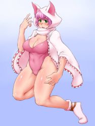 Rule 34 | 1990s (style), 1girl, animal ears, blush, body blush, boots, breasts, cat ears, cat girl, cleavage, female focus, final fantasy, final fantasy v, full body, gradient background, green eyes, highres, hood, large breasts, lenna charlotte tycoon, leotard, pink hair, retro artstyle, robe, short hair, solo, wrong (artist)
