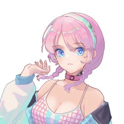 Rule 34 | 1girl, arknights, blue eyes, blue poison (arknights), blue poison (shoal beat) (arknights), braid, breasts, choker, cleavage, collarbone, hairband, hand up, highres, jacket, lierenfelon, looking at viewer, medium breasts, medium hair, o-ring, o-ring choker, off shoulder, official alternate costume, pink choker, pink hair, portait, scales, simple background, solo, sports bra, twin braids, upper body, white background, white jacket, white sports bra
