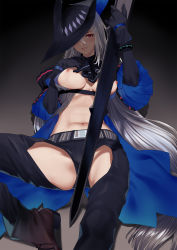 Rule 34 | 1girl, arknights, banysun, black gloves, black hat, black pants, black shirt, black sleeves, bracelet, breasts, chaps, claymore (sword), clothing cutout, gloves, grey hair, grey jacket, hair between eyes, hat, highres, holding, holding sword, holding weapon, jacket, jewelry, long hair, looking at viewer, low-tied long hair, navel, nipples, orca, pants, parted lips, red eyes, shirt, simple background, skadi (arknights), solo, spread legs, sword, thigh cutout, weapon