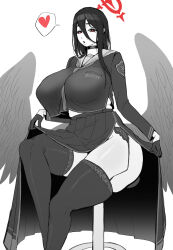 Rule 34 | 1girl, angel wings, blue archive, breasts, chestnut mouth, choker, clothes writing, efto, english text, female focus, garter straps, halo, hasumi (blue archive), heart, huge breasts, looking at viewer, monochrome, red eyes, shiny skin, sitting, skirt, solo, spot color, thick thighs, thighs, white background, wide hips, wings