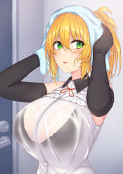 1girl arms_up black_gloves breasts commentary_request door drying drying_hair elbow_gloves etan14 frilled_shirt frills gloves green_eyes hair_between_eyes highres holding holding_towel huge_breasts indoors long_hair looking_at_viewer neck_ribbon open_mouth original pointy_ears ponytail red_ribbon ribbon see-through_clothes shirt sleeveless sleeveless_shirt solo towel upper_body wet wet_clothes wet_shirt white_shirt