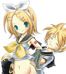 Rule 34 | 1boy, 1girl, arm tattoo, blonde hair, blush, bottomless, brother and sister, closed eyes, detached sleeves, hair ornament, hair ribbon, hairband, hairclip, hands on own hips, headset, hetero, humping, implied sex, incest, kagamine len, kagamine rin, looking at viewer, lowres, natsume fumika, navel, neckerchief, ribbon, shirt, short hair, short sleeves, shoulder tattoo, siblings, sleeveless, sleeveless shirt, smile, sweat, tattoo, twins, vocaloid, white background, white ribbon, white shirt, yellow neckerchief