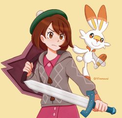 Rule 34 | angry, artist name, boots, brown eyes, brown footwear, brown hair, child, clenched hands, creatures (company), dress, eyelashes, female focus, fighting stance, flat chest, game freak, gen 8 pokemon, gloria (pokemon), green headwear, grey jacket, highres, holding, holding shield, holding sword, holding weapon, jacket, legs, long sleeves, looking away, matching hair/eyes, medium hair, neck, nintendo, pink dress, pokemon, pokemon swsh, scorbunny, shield, short dress, side bangs, size difference, standing, sword, tam o&#039; shanter, thighs, weapon, yellow background