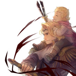 Rule 34 | 2boys, artist name, blonde hair, boots, brown eyes, cape, child, closed eyes, epaulettes, father and son, fatherly, fire emblem, fire emblem fates, hasuyawn, male focus, multiple boys, nintendo, siegbert (fire emblem), simple background, sword, teeth, tiara, weapon, white background, xander (fire emblem)