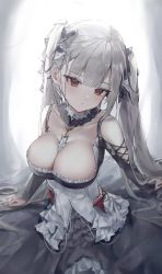 Rule 34 | 1girl, :|, arm support, azur lane, between breasts, blush, breasts, bridal gauntlets, cleavage, closed mouth, dress, expressionless, formidable (azur lane), frilled dress, frills, gothic lolita, grey hair, highres, hisiya (wldn1112), large breasts, lolita fashion, long hair, looking at viewer, low neckline, red eyes, sidelocks, sitting, sleeves past wrists, solo, twintails, two-tone dress, two-tone ribbon, very long hair