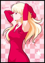 Rule 34 | 1girl, antenna hair, armpits, arms up, bare shoulders, blonde hair, checkered background, cross, dress, elbow gloves, elysion, eri (artist), gloves, latin cross, pink background, red eyes, solo, sound horizon, stardust
