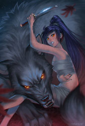 Rule 34 | 1girl, arm up, artist name, bandages, blurry, clenched teeth, depth of field, high ponytail, holding, holding knife, knife, leaf, long hair, maple leaf, nana nakano, navel, open mouth, orange eyes, original, ponytail, scar, sitting, swept bangs, teeth, very long hair, wolf