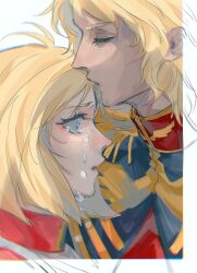 Rule 34 | 1boy, 1girl, absurdres, blonde hair, blue eyes, brother and sister, char aznable, chinese commentary, chromatic aberration, closed eyes, crying, crying with eyes open, epaulettes, film grain, from side, gundam, high collar, highres, kiss, kissing forehead, medium hair, military uniform, mobile suit, mobile suit gundam, parted lips, samidaref m, sayla mass, siblings, simple background, streaming tears, tears, uniform, white background