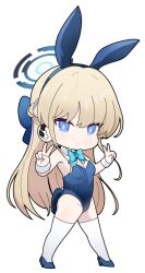 Rule 34 | 1girl, animal ears, bare shoulders, blonde hair, blue archive, blue bow, blue eyes, blue footwear, blue hair, blue hairband, blue leotard, bow, braid, breasts, chibi, commentary request, covered navel, double v, earpiece, fake animal ears, hair between eyes, hair bow, hairband, halo, hands up, headset, high heels, highres, leotard, long hair, medium breasts, multicolored hair, nyaru (nyaru 4126), official alternate costume, playboy bunny, rabbit ears, shoes, simple background, solo, strapless, strapless leotard, streaked hair, thighhighs, toki (blue archive), toki (bunny) (blue archive), v, very long hair, white background, white thighhighs, wrist cuffs