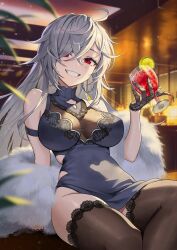 Rule 34 | 1girl, absurdres, bad link, bare shoulders, black thighhighs, breasts, counter:side, cup, dress, drinking glass, earrings, evil smile, feather boa, fishnet gloves, fishnets, food, fruit, gloves, gremory (counter:side), grey hair, half gloves, heartki, highres, holding, holding cup, jewelry, lace, lace-trimmed legwear, lace trim, large breasts, lemon, lemon slice, long hair, red eyes, see-through, see-through dress, sitting, smile, solo, thighhighs