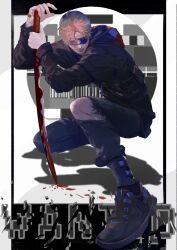 Rule 34 | 1boy, ankle socks, black footwear, black jacket, black sleeves, blonde hair, blood, blood drip, bloody weapon, blue eyes, blue pants, bulletproof vest, character name, check copyright, chinese commentary, circle, closed mouth, commentary request, copyright request, dec05electric99, denim, eyepatch, facepaint, full body, grey socks, holding, holding sword, holding weapon, hood, hood down, hooded jacket, injury, jacket, jeans, katana, lips, long sleeves, looking at viewer, male focus, original, outside border, pants, pillarboxed, shadow, shoes, short hair, simple background, smile, sneakers, socks, solo, squatting, sword, torn clothes, torn jeans, torn pants, weapon, white background
