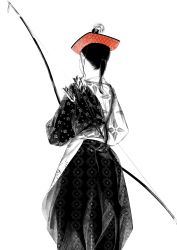 Rule 34 | 1girl, archery, arrow (projectile), back, black hair, bow (weapon), from behind, hat, highres, japanese clothes, kimono, monochrome, original, patterned, ponytail, short hair, simple background, solo, sousou (sousouworks), spot color, weapon, white background