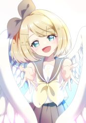 Rule 34 | 1girl, angel wings, bird wings, black bow, blonde hair, blouse, blue eyes, blush, bow, hair bow, hair ornament, hairclip, head tilt, highres, kagamine rin, looking at viewer, neckerchief, noa (retsuhim6927), open mouth, outstretched hand, pleated skirt, reaching, reaching towards viewer, sailor collar, school uniform, serafuku, shirt, skirt, smile, solo, treble clef, vocaloid, wings