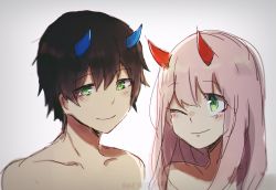 Rule 34 | 10s, 1boy, 1girl, benelle, black hair, blue horns, blush, collarbone, commentary, couple, darling in the franxx, eyes visible through hair, green eyes, hetero, highres, hiro (darling in the franxx), horns, long hair, looking at another, one eye closed, oni horns, pink hair, red horns, short hair, signature, topless male, zero two (darling in the franxx)