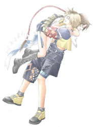 Rule 34 | 00s, 1boy, 1girl, 2000s (style), arm guards, armor, arms around neck, asymmetrical legwear, blonde hair, boots, brown hair, couple, closed eyes, final fantasy, final fantasy x, final fantasy x-2, gloves, half-skirt, hetero, hug, long braid, medium hair, open mouth, picking up, rendezvous, short shorts, shorts, shoulder armor, smile, sport shoes, square enix, tidus, white background, yuna (ff10)