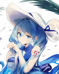 Rule 34 | 1girl, absurdres, air bubble, blue eyes, blue hair, blue ribbon, blue shirt, bottle, breasts, bubble, collared shirt, commentary, crossed bangs, hair intakes, hair ornament, hairclip, hand up, hat, hat ribbon, hatsune miku, highres, holding, holding bottle, long hair, looking at viewer, medium breasts, mihoranran, necktie, number tattoo, pocari sweat, ribbon, shirt, simple background, sleeveless, sleeveless shirt, solo, sweat, tattoo, twintails, upper body, very long hair, vocaloid, water bottle, white background, white hat, white necktie