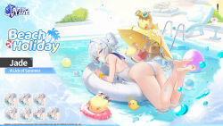 Rule 34 | &gt; &lt;, 1girl, aqua eyes, ass, azur lane, bag, ball, bare legs, barefoot, beach umbrella, beachball, bird, blue eyes, blush, bracelet, breasts, chair, character name, chick, copyright name, double bun, eating, expressions, feet, flower, food, food in mouth, freng, from behind, from side, fruit, full body, grey hair, hair between eyes, hair bun, hair intakes, hair ornament, hairclip, highres, holding, ice cream, innertube, jade (a lick of summer) (azur lane), jade (azur lane), jewelry, legs, logo, looking at viewer, looking back, lounge chair, lying, manjuu (azur lane), nail polish, official alternate costume, official art, on stomach, one-piece swimsuit, outdoors, pool, pool ladder, poolside, popsicle, rubber duck, sailor collar, single hair bun, small breasts, soles, solo, sunglasses, swim ring, swimsuit, tablet pc, thighs, toenail polish, toenails, toes, umbrella, water, watermelon, wet, white one-piece swimsuit