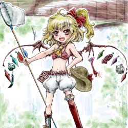 Rule 34 | 1girl, alternate costume, ascot, asymmetrical legwear, belt, blonde hair, boots, bra, butterfly net, cage, fang, female focus, flandre scarlet, food, fruit, hair ribbon, hand net, hat, unworn hat, hat ribbon, unworn headwear, holding, holding clothes, holding hat, kayari buta, knee boots, kunai, looking away, midriff, mismatched legwear, mosquito coil, multicolored background, nanashii (soregasisan), navel, open mouth, red eyes, ribbon, short hair, shorts, side ponytail, smile, solo, straw hat, thighhighs, touhou, two-tone background, underwear, watermelon, weapon, wind chime, wings, yakitori