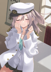 Rule 34 | 1girl, alternate costume, blush, epaulettes, closed eyes, grey hair, hat, highres, indoors, kantai collection, long hair, long sleeves, military, military uniform, natsuki (gedo), naval uniform, oversized clothes, peaked cap, smile, solo, uniform, zuihou (kancolle)