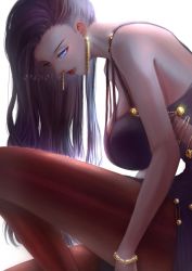 Rule 34 | 1girl, artist name, bare shoulders, black hair, blue eyes, bracelet, breasts, cleavage, closed mouth, dress, ear piercing, earrings, from side, glowing, gold, gold bracelet, gold earrings, jewelry, knee up, large breasts, lips, lipstick, long hair, looking to the side, makeup, nico robin, nzkn, one piece, pantyhose, piercing, profile, red lips, simple background, solo, watermark, white background