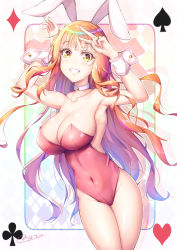 Rule 34 | 1girl, animal ears, bare shoulders, blush, breasts, card, cleavage, fake animal ears, grin, highres, large breasts, leotard, long hair, looking at viewer, natsusora aona, novady, orange hair, original, playboy bunny, playing card, rabbit ears, shiny clothes, shiny skin, smile, solo, very long hair, wrist cuffs, yellow eyes
