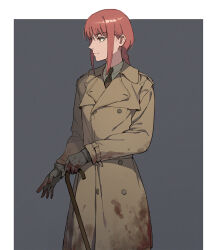 Rule 34 | 1girl, black necktie, blood, blood on clothes, blood on gloves, braid, braided ponytail, cane, chainsaw man, closed mouth, coat, collared shirt, gloves, holding, holding cane, jason kim, looking away, makima (chainsaw man), necktie, red hair, shirt, sidelocks, solo, trench coat, white shirt, yellow eyes