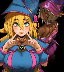 Rule 34 | 2girls, absurdres, apprentice illusion magician, ass, bare shoulders, blonde hair, blush stickers, bracer, breasts, choker, commentary, dark-skinned female, dark magician girl, dark skin, fingersmile, from behind, green eyes, grey hair, hair between eyes, hat, highres, index finger raised, jewelry, kevbot, lips, long hair, looking at viewer, looking back, multiple girls, off shoulder, pink eyes, short hair, smile, upper body, witch hat, yu-gi-oh!