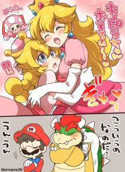 Rule 34 | !, !!, 2boys, 2girls, blonde hair, blue eyes, blush, bowser, braid, comic, crown, dress, earrings, eromame, gloves, jewelry, mario, mario (series), multiple boys, multiple girls, new super mario bros. u deluxe, nintendo, nodding, open mouth, peachette, pink hair, princess peach, super crown, toadette, translation request, twintails