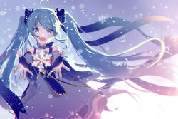 Rule 34 | 1girl, :d, ahoge, blue dress, blue eyes, blue gloves, blue hair, blue ribbon, blurry, depth of field, detached sleeves, dress, fingerless gloves, floating hair, gloves, hair ribbon, hatsune miku, highres, long hair, matching hair/eyes, mechuragi, neck ribbon, open mouth, outstretched arms, outstretched hand, ribbon, smile, snowflakes, solo, striped ribbon, treble clef, twintails, vocaloid, wallpaper, yuki miku