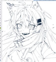 Rule 34 | 1girl, :d, animal ears, arknights, coat, hair ornament, hairclip, high collar, highres, lappland (arknights), looking at viewer, messy hair, open mouth, sato (lappysuki), scar, scar across eye, sharp teeth, simple background, smile, solo, teeth, upper body